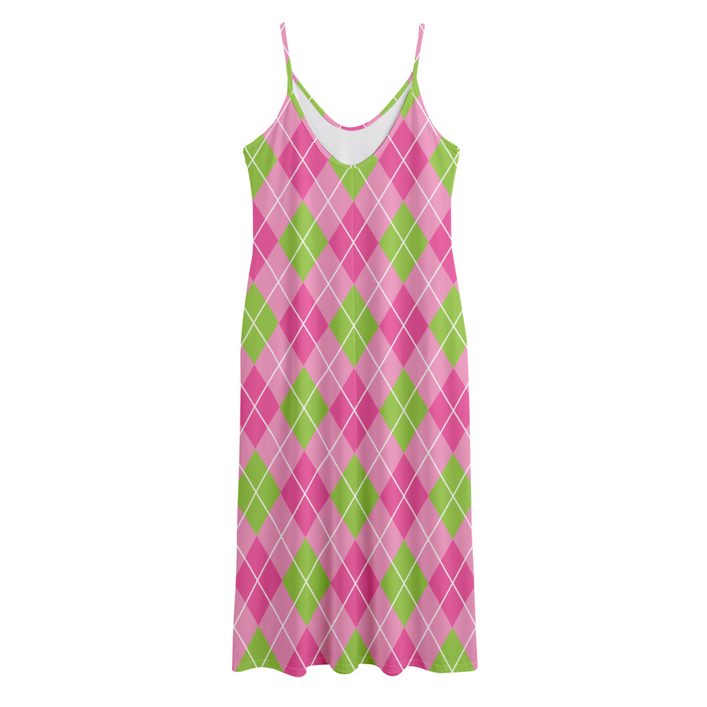 Pink And Green Argyle Pattern Print Jersey Midi Cami Dress