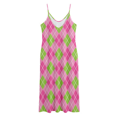 Pink And Green Argyle Pattern Print Jersey Midi Cami Dress