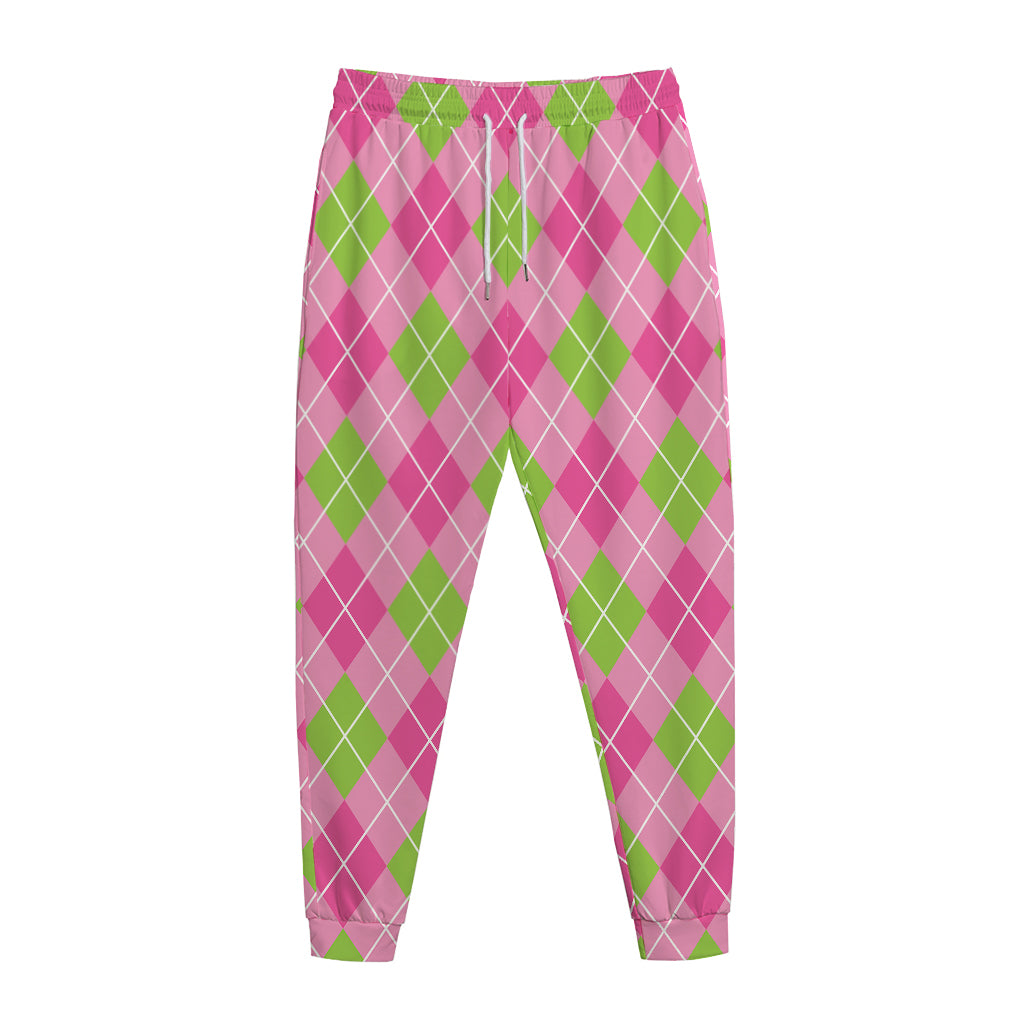 Pink And Green Argyle Pattern Print Jogger Pants