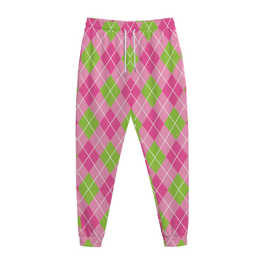 Pink And Green Argyle Pattern Print Jogger Pants