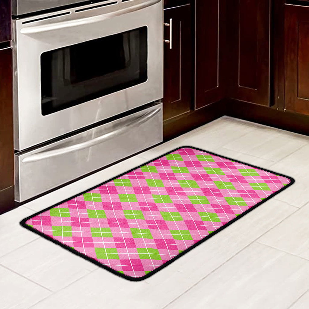 Pink And Green Argyle Pattern Print Kitchen Mat