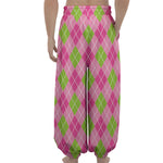 Pink And Green Argyle Pattern Print Lantern Pants