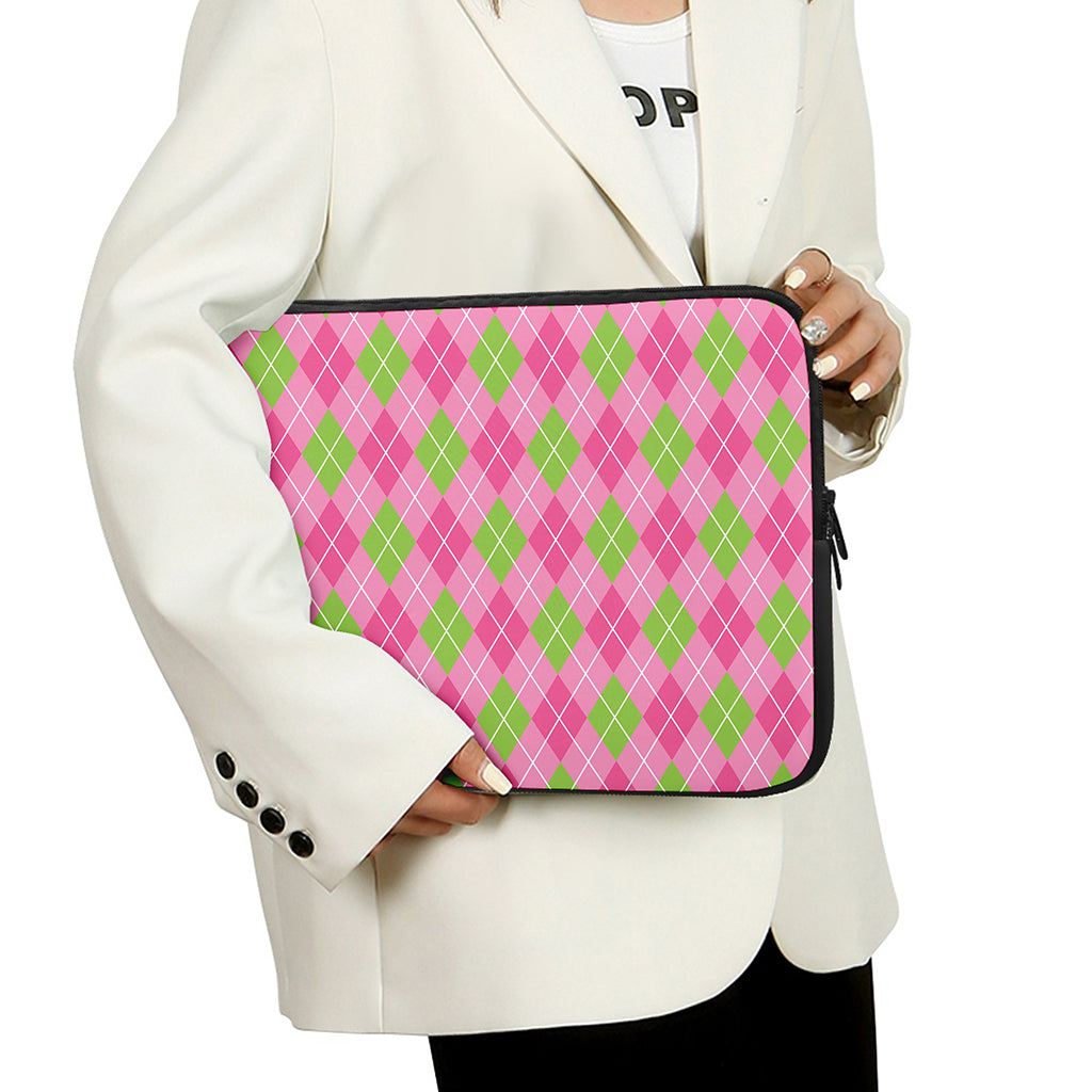 Pink And Green Argyle Pattern Print Laptop Sleeve