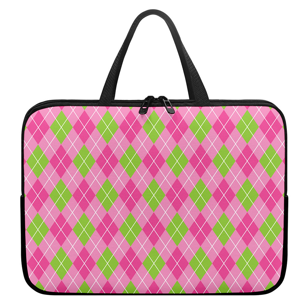 Pink And Green Argyle Pattern Print Laptop Sleeve With Handle