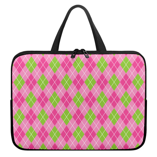 Pink And Green Argyle Pattern Print Laptop Sleeve With Handle