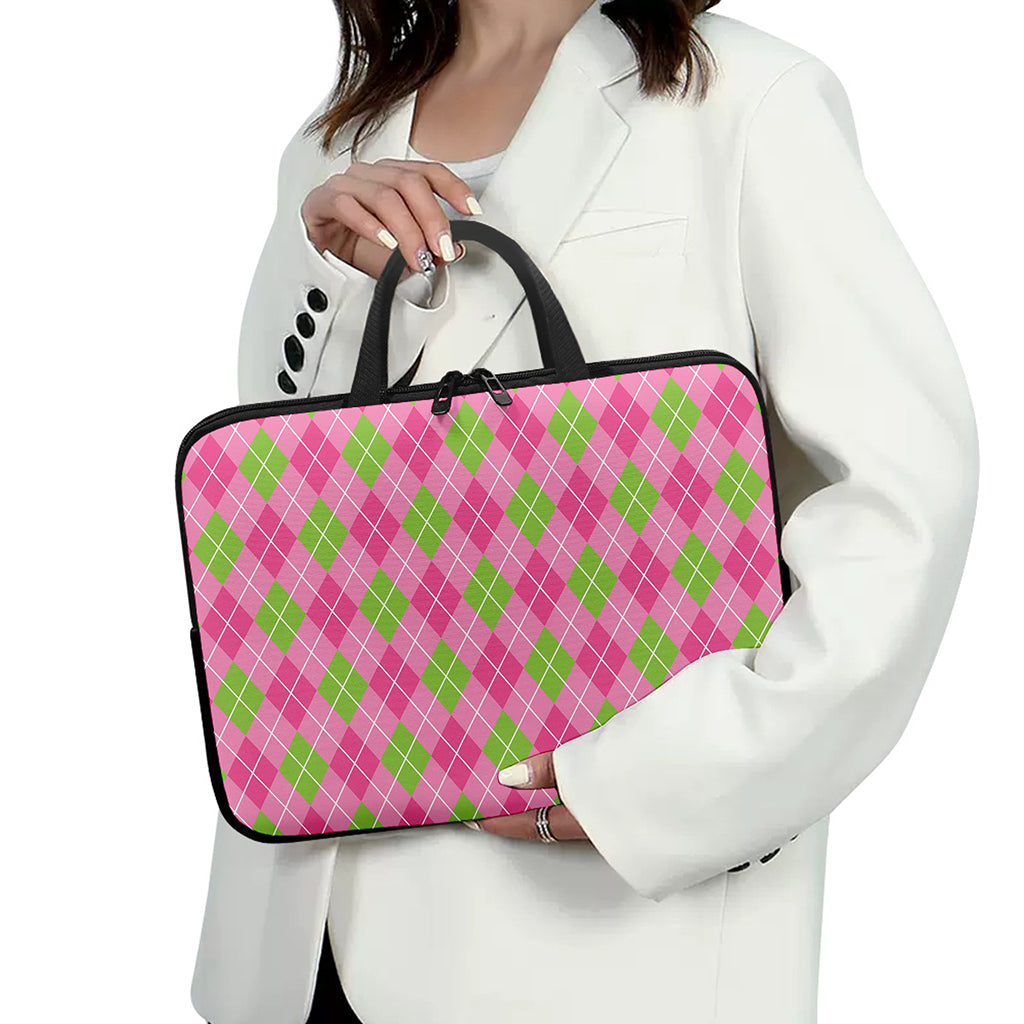 Pink And Green Argyle Pattern Print Laptop Sleeve With Handle