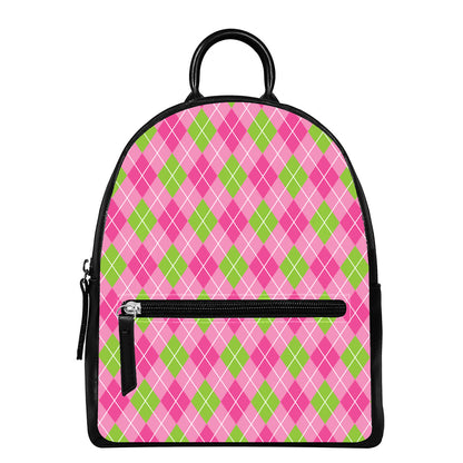 Pink And Green Argyle Pattern Print Leather Backpack