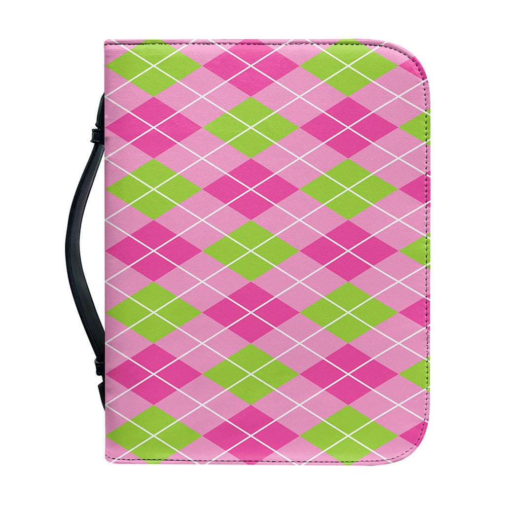 Pink And Green Argyle Pattern Print Leather Bible Cover