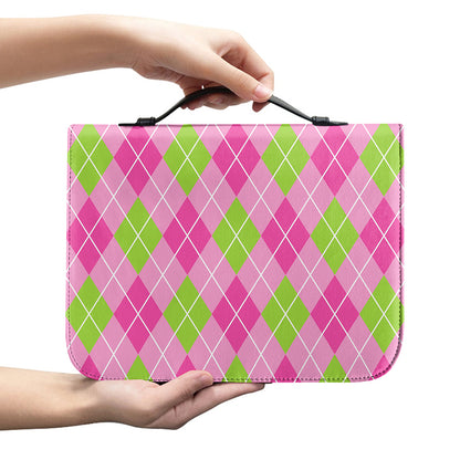Pink And Green Argyle Pattern Print Leather Bible Cover