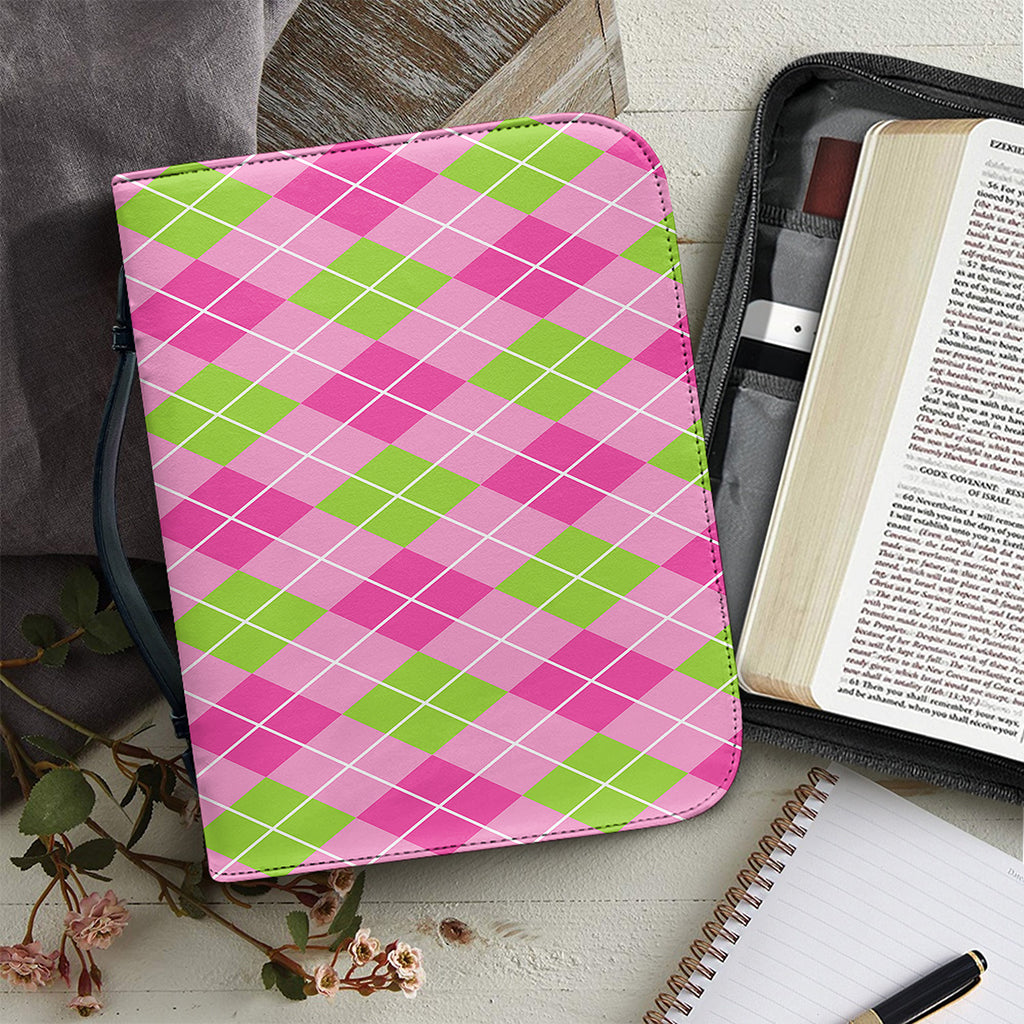 Pink And Green Argyle Pattern Print Leather Bible Cover