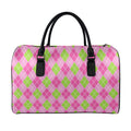 Pink And Green Argyle Pattern Print Leather Duffel Bag