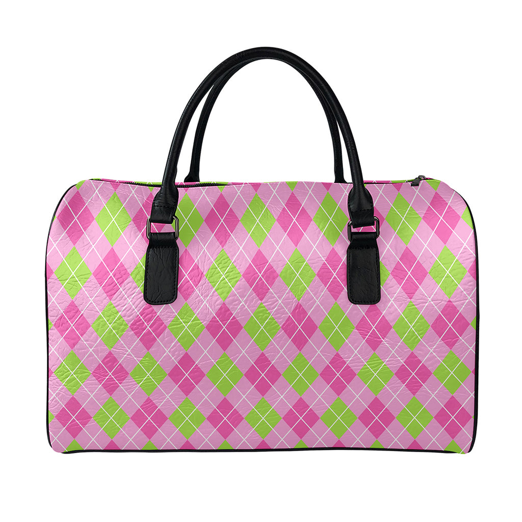 Pink And Green Argyle Pattern Print Leather Duffle Bag