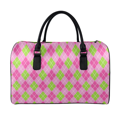 Pink And Green Argyle Pattern Print Leather Duffle Bag