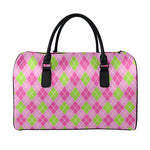 Pink And Green Argyle Pattern Print Leather Duffle Bag