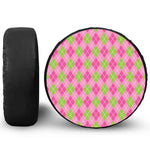 Pink And Green Argyle Pattern Print Leather Spare Tire Cover