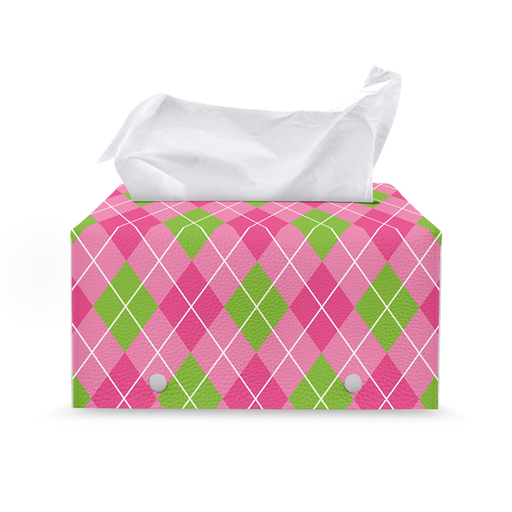 Pink And Green Argyle Pattern Print Leather Tissue Box Cover