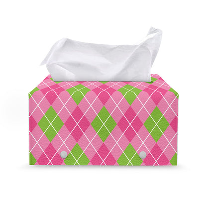 Pink And Green Argyle Pattern Print Leather Tissue Box Cover