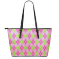 Pink And Green Argyle Pattern Print Leather Tote Bag With Zipper