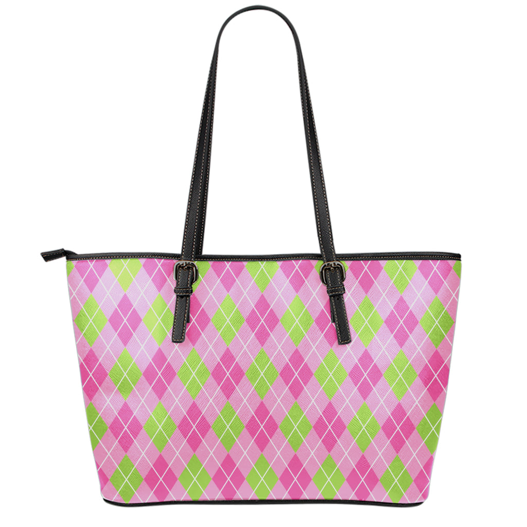 Pink And Green Argyle Pattern Print Leather Tote Bag
