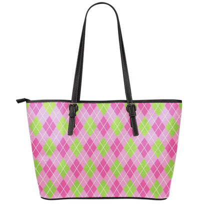 Pink And Green Argyle Pattern Print Leather Tote Bag