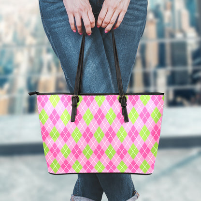 Pink And Green Argyle Pattern Print Leather Tote Bag