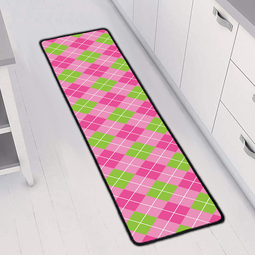 Pink And Green Argyle Pattern Print Long Kitchen Mat