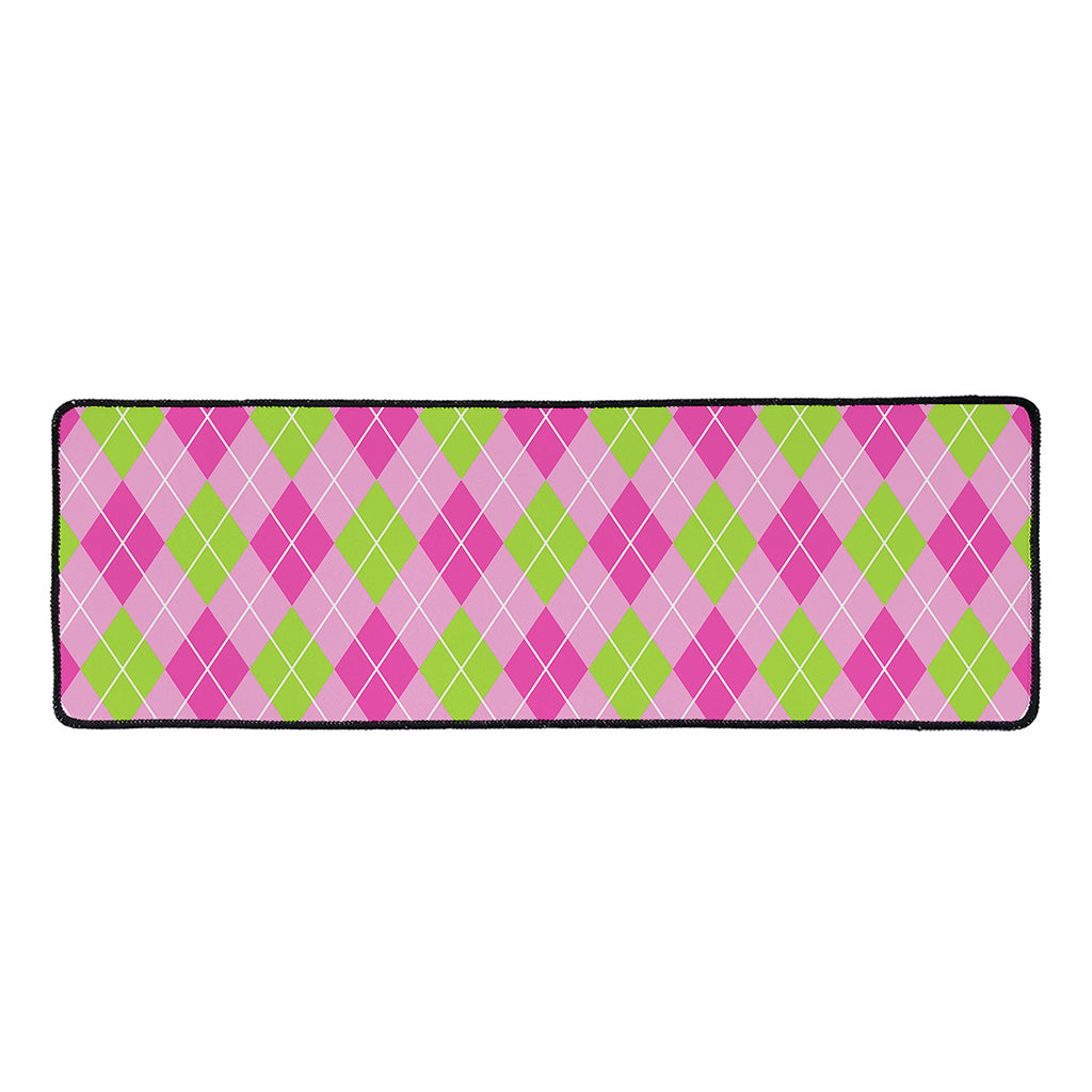 Pink And Green Argyle Pattern Print Long Kitchen Mat