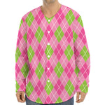 Pink And Green Argyle Pattern Print Long Sleeve Baseball Jersey