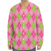 Pink And Green Argyle Pattern Print Long Sleeve Baseball Jersey