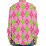 Pink And Green Argyle Pattern Print Long Sleeve Baseball Jersey