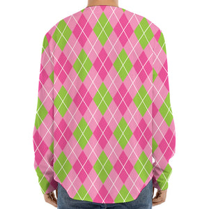 Pink And Green Argyle Pattern Print Long Sleeve Baseball Jersey