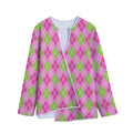 Pink And Green Argyle Pattern Print Long Sleeve Short Coat