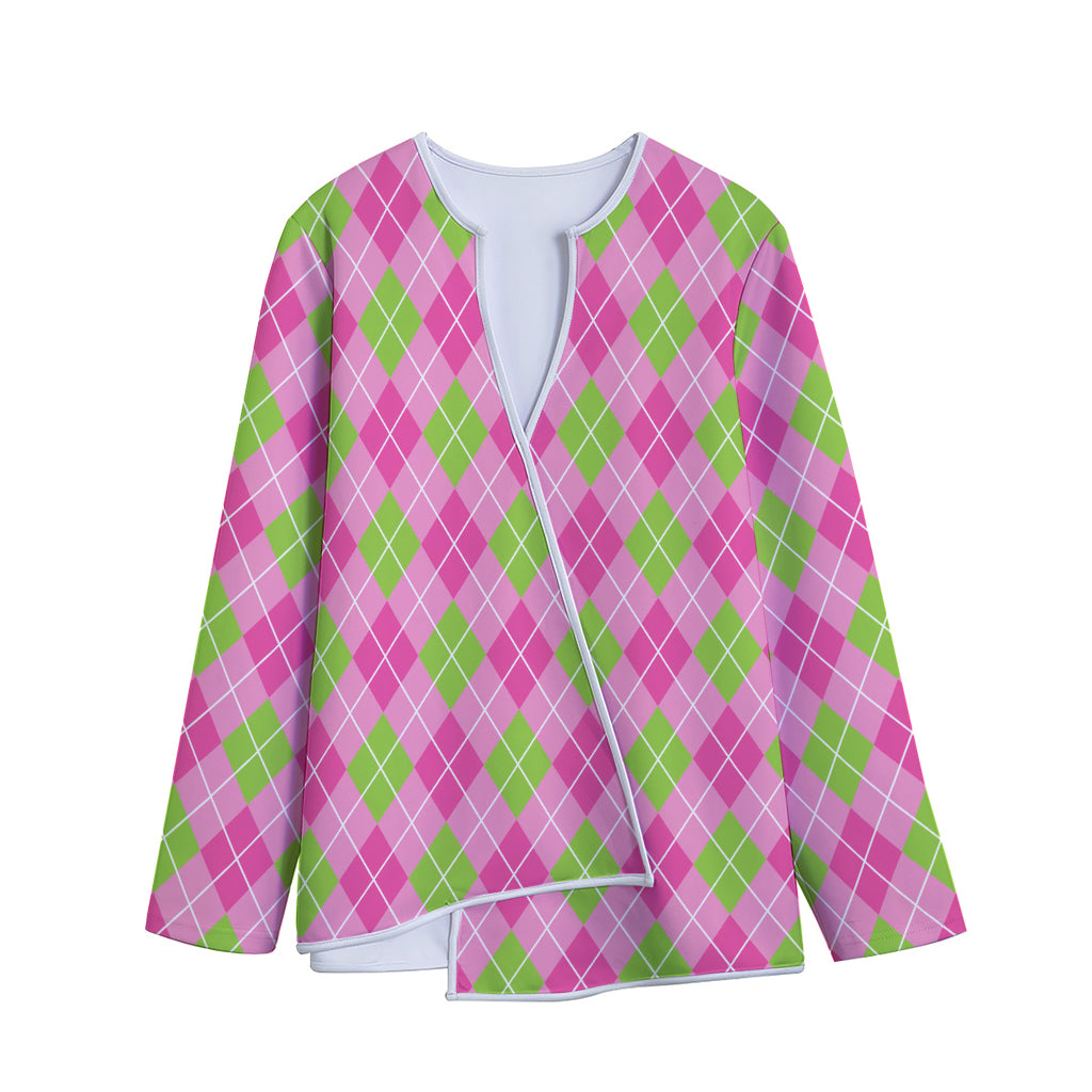 Pink And Green Argyle Pattern Print Long Sleeve Short Coat