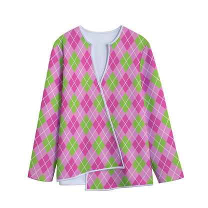 Pink And Green Argyle Pattern Print Long Sleeve Short Coat