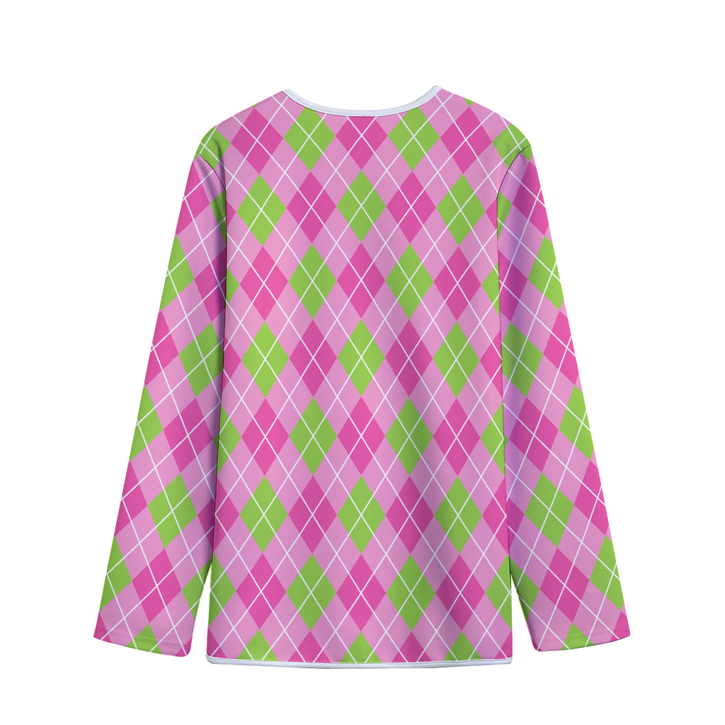 Pink And Green Argyle Pattern Print Long Sleeve Short Coat