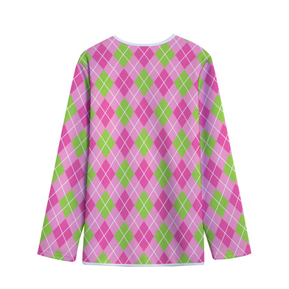 Pink And Green Argyle Pattern Print Long Sleeve Short Coat
