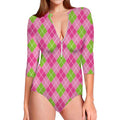 Pink And Green Argyle Pattern Print Long Sleeve Swimsuit
