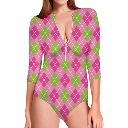 Pink And Green Argyle Pattern Print Long Sleeve Swimsuit