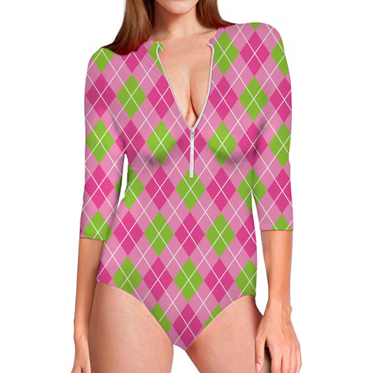 Pink And Green Argyle Pattern Print Long Sleeve Swimsuit