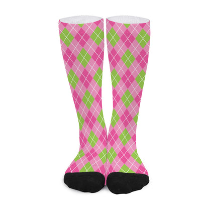 Pink And Green Argyle Pattern Print Long Socks