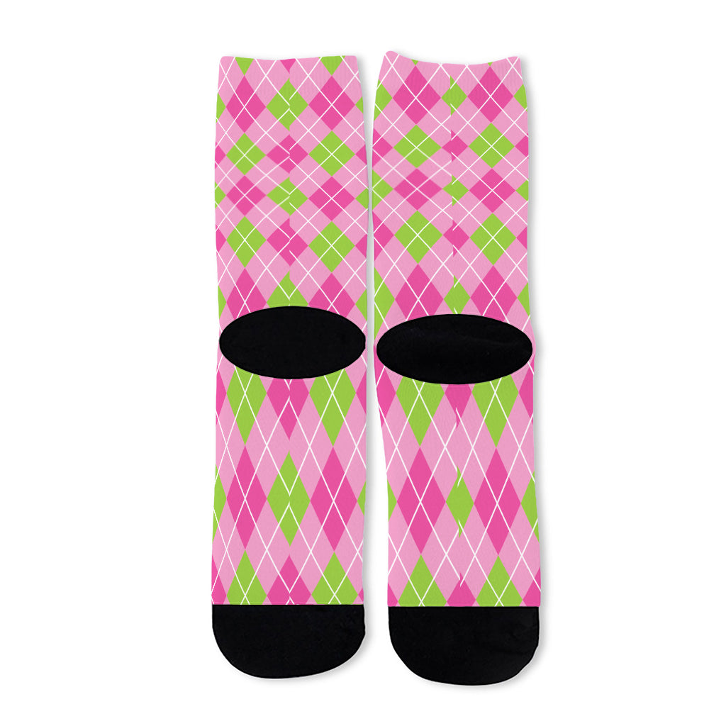 Pink And Green Argyle Pattern Print Long Socks