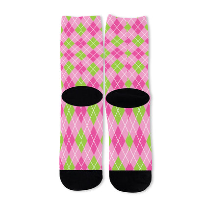 Pink And Green Argyle Pattern Print Long Socks