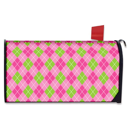 Pink And Green Argyle Pattern Print Mailbox Cover
