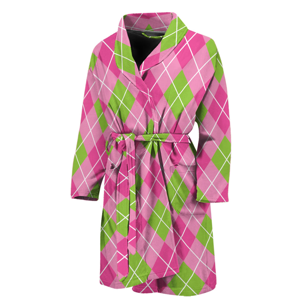 Pink And Green Argyle Pattern Print Men's Bathrobe