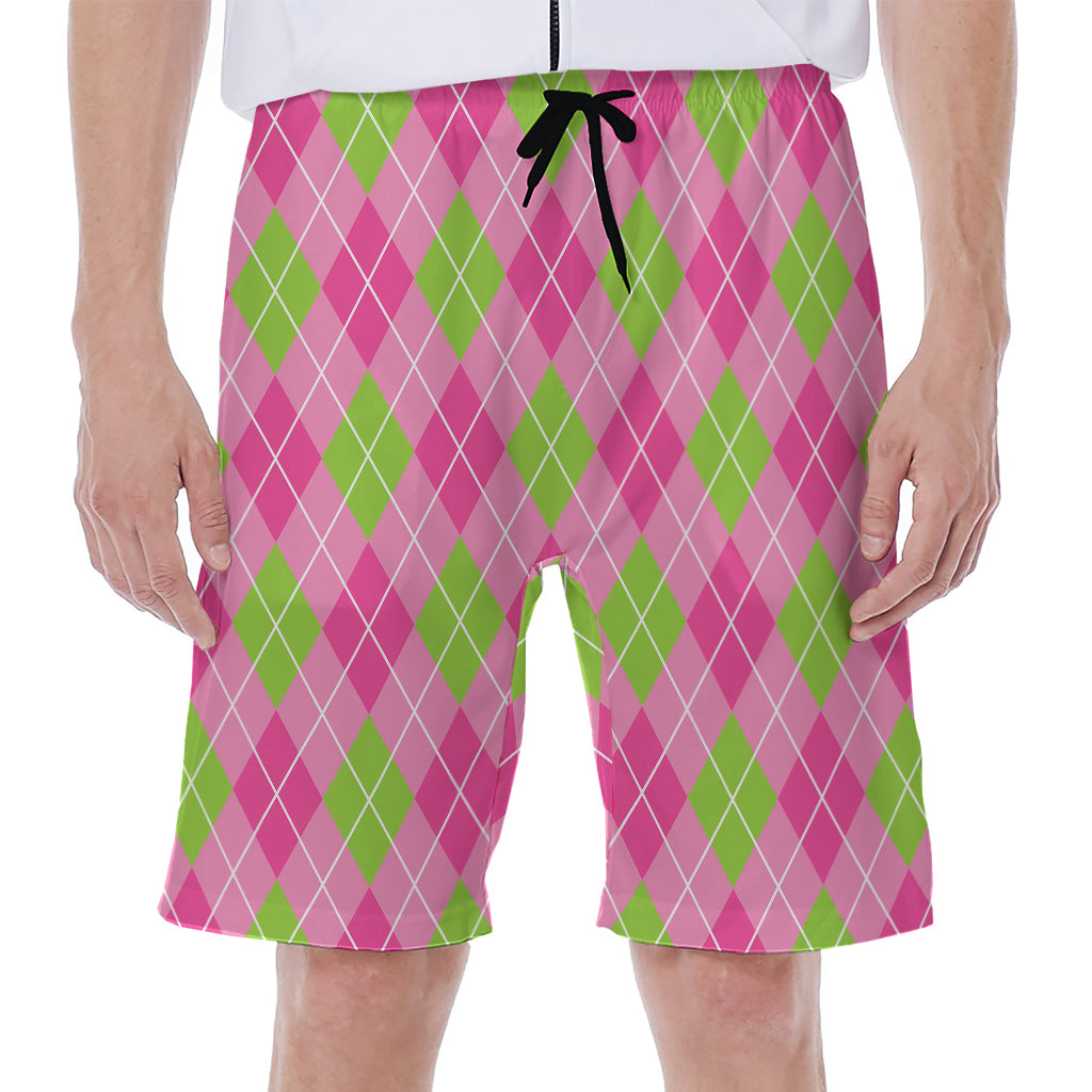 Pink And Green Argyle Pattern Print Men's Beach Shorts