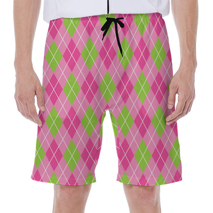 Pink And Green Argyle Pattern Print Men's Beach Shorts