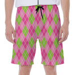 Pink And Green Argyle Pattern Print Men's Beach Shorts
