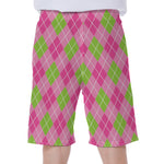 Pink And Green Argyle Pattern Print Men's Beach Shorts