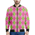 Pink And Green Argyle Pattern Print Men's Bomber Jacket