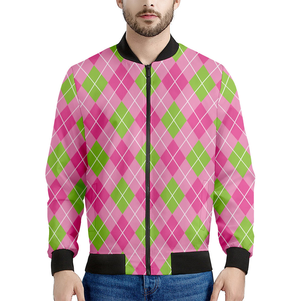 Pink And Green Argyle Pattern Print Men's Bomber Jacket